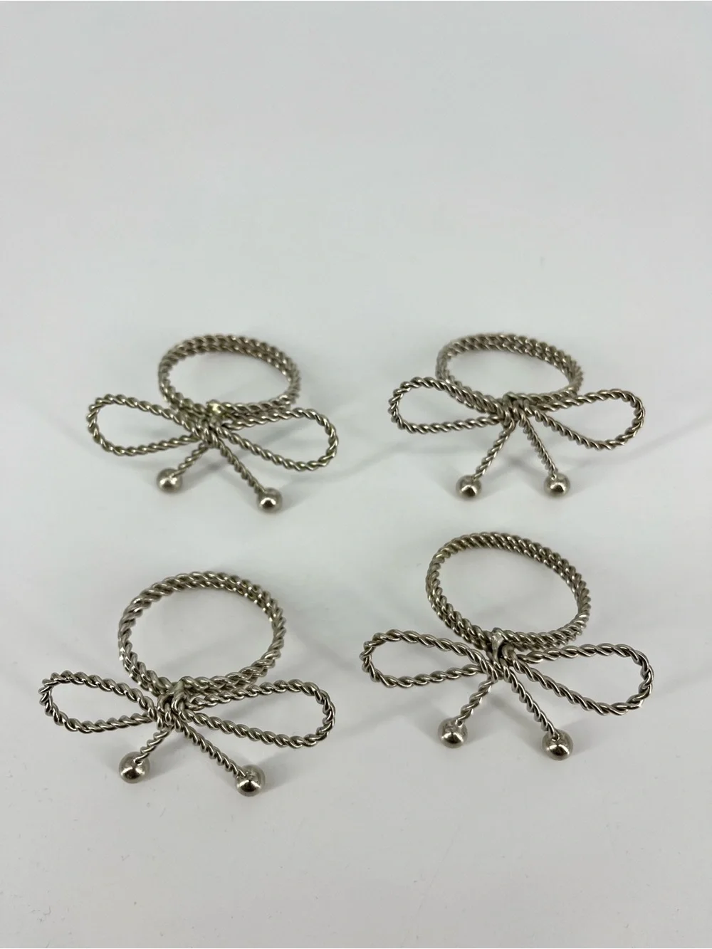 Silver Bow Twisted Rope Metal Napkin Rings Set of 4 Table Decor Party Solid